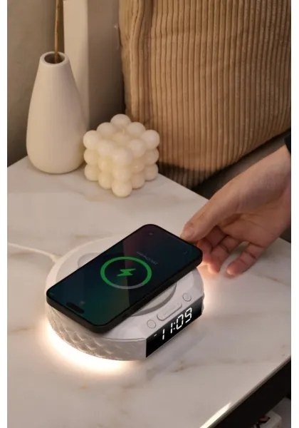 Immax 08983L - Sveglia con display LCD e ricarica wireless Qi 27W/9V bianco