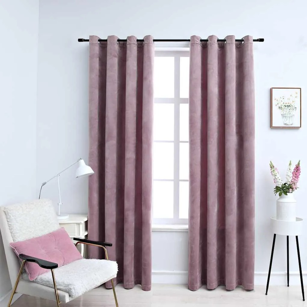 Tende Oscuranti Con Anelli 2pz Rosa Antico İn Velluto 140x225cm /