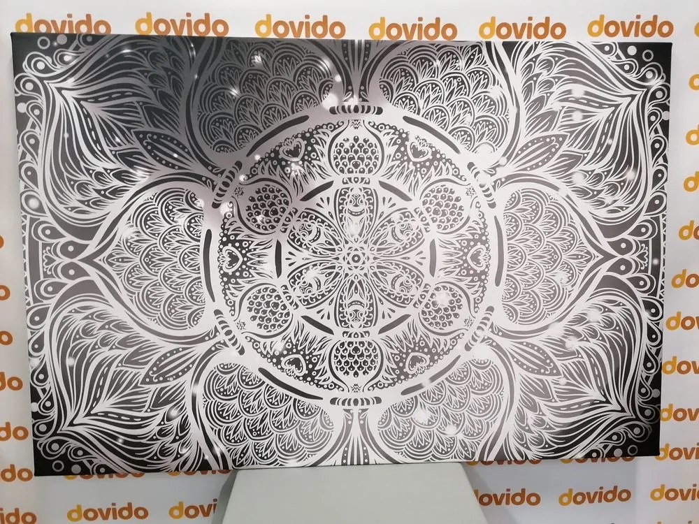 Stampa su tela – Mandala indiana con sfondo galattico in bianco e nero