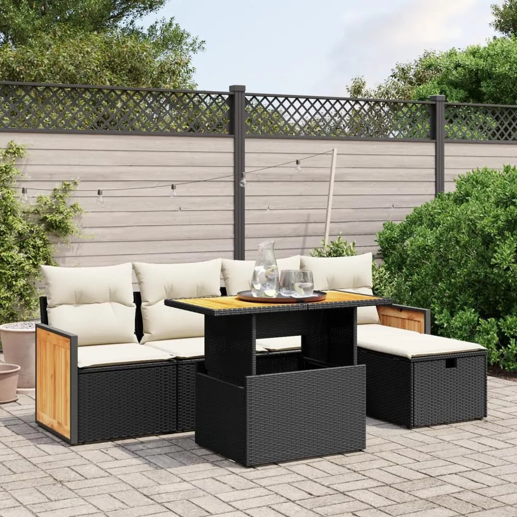 Set divano da giardino 6 pz con cuscini nero in polyrattan