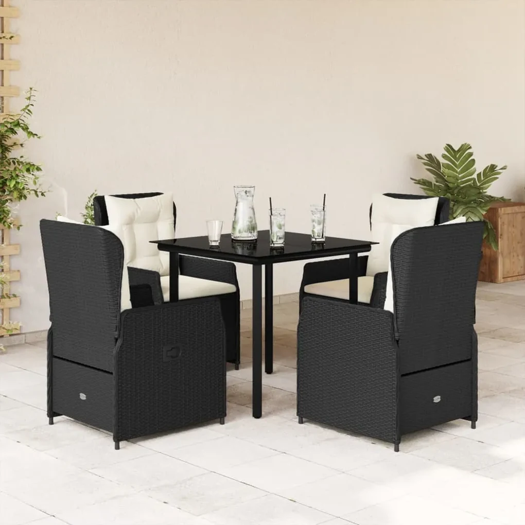 Set da pranzo da giardino 5 pz nero con cuscini in polyrattan