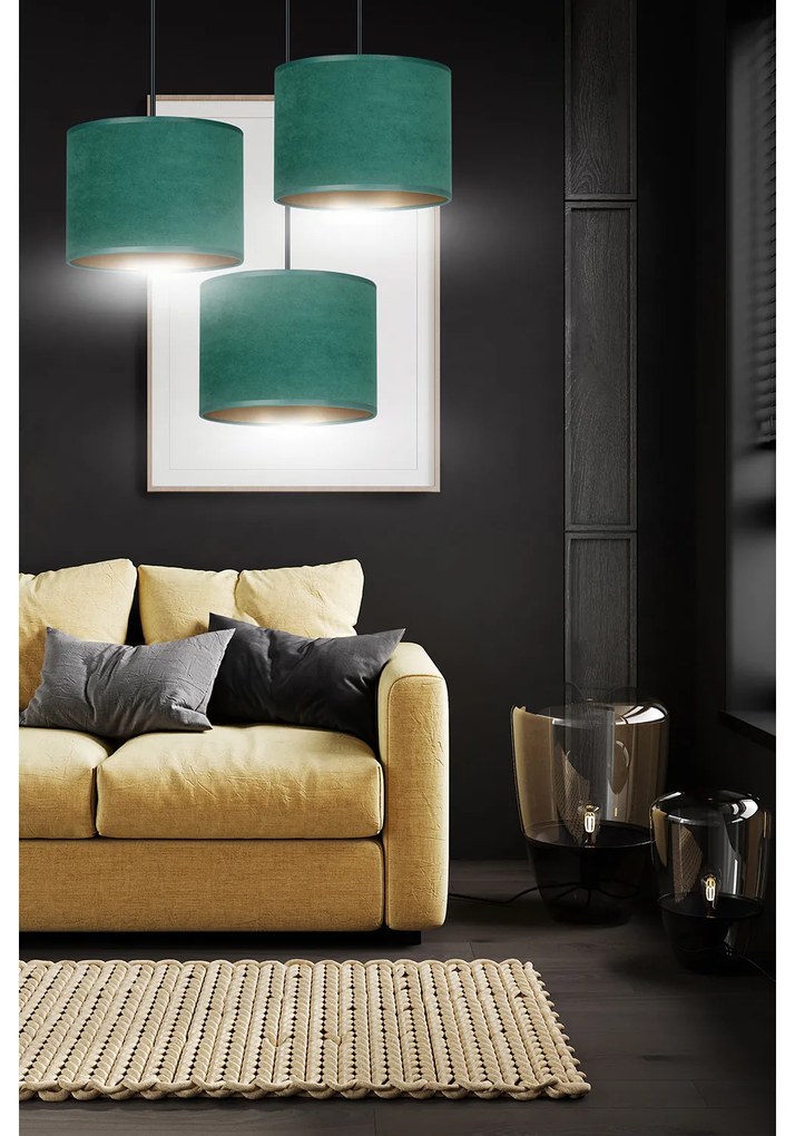Lampadario Tondo 3 Luci Ganesha In Acciaio Nero E Paralumi In Tessuto Verde