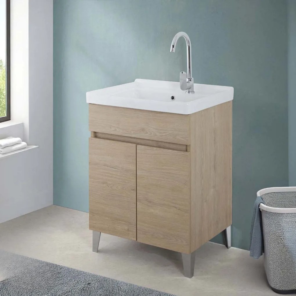 Lavatoio a Terra 60x46,8 Due Ante Con Vasca Feridras "Lavanderia" Rovere Dolomite