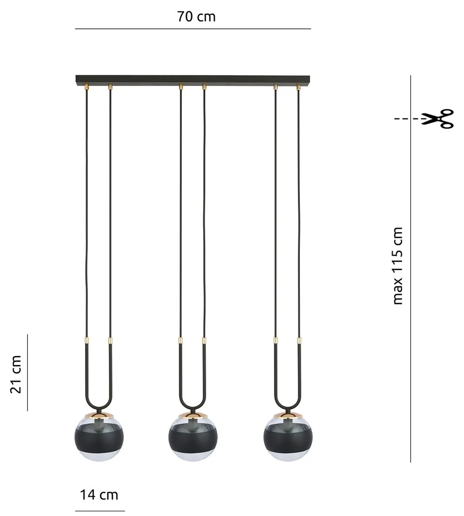 Lampadario Moderno Crio Acciaio Nero 3 Luci E14 Ip20