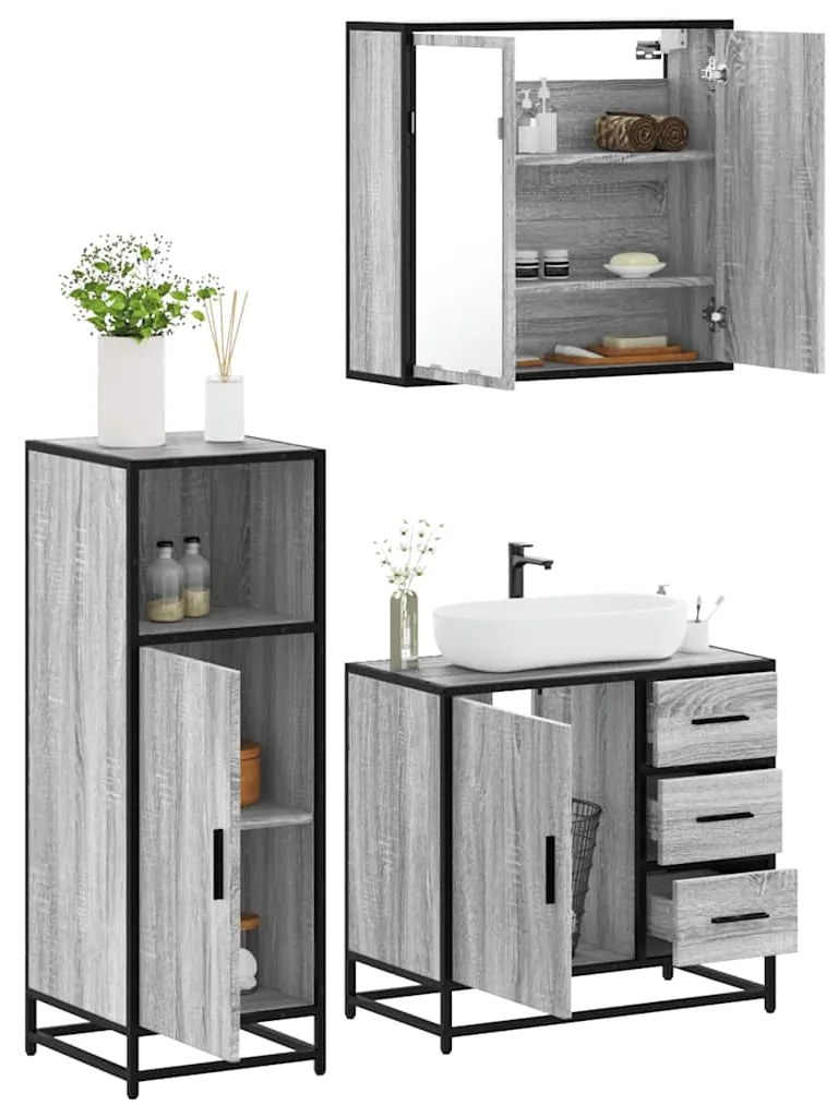 Set Mobili Da Bagno 3 Pz Grigio Sonoma İn Legno Multistrato /