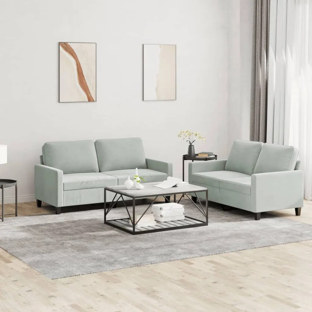 Set Di Divani 2 Pz Con Cuscini Grigio Chiaro İn Velluto /