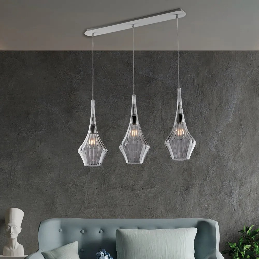 Lampadario Binario Moderno Zeus Metallo Bianco Vetro Grigio Fumè 3 Luci E27