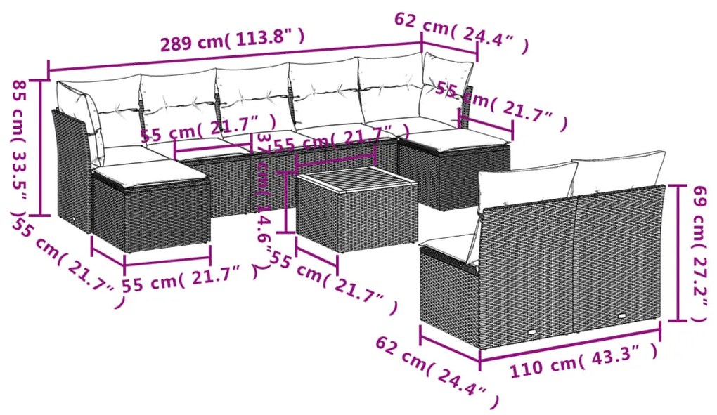 Set Divani da Giardino 10pz con Cuscini in Polyrattan Nero