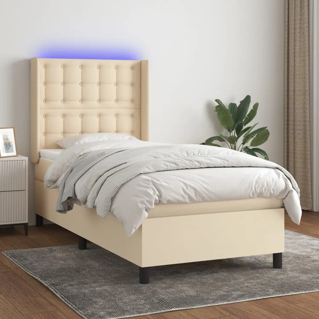 Letto a molle con materasso e led crema 90x200 cm in tessuto