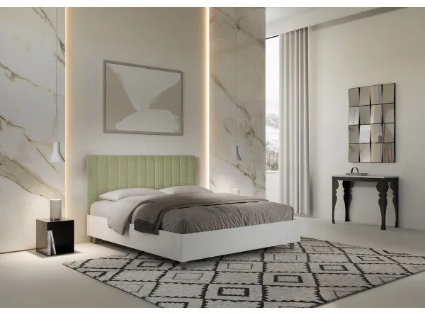Letto contenitore da 160x200 in legno bianco e testata in microfibra tč verde Kaia