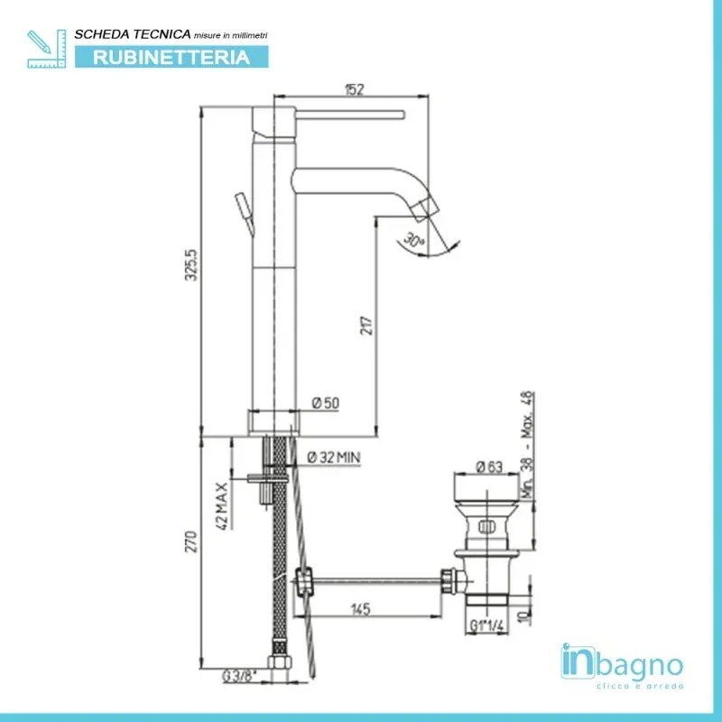 Miscelatore Lavabo Alto con Piletta Piralla serie Essenza