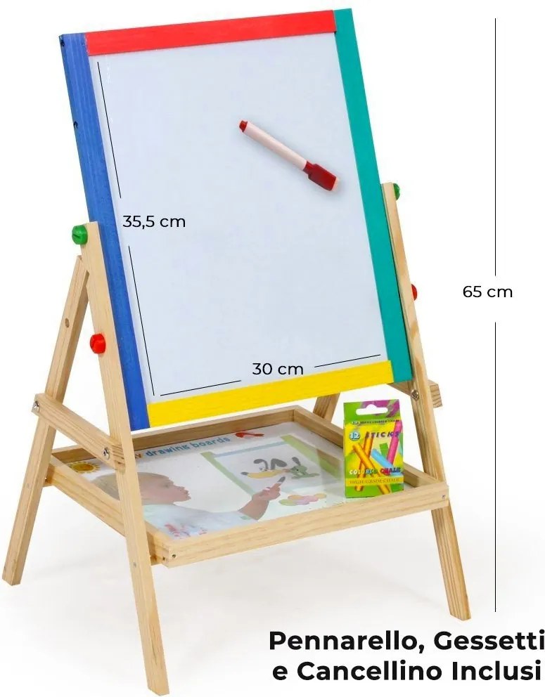 Lavagna per Bambini Magnetica e Tradizionale con Cavalletto in Legno H65 Kids Joy...