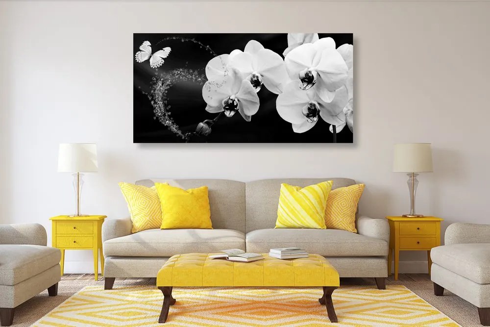 Stampa su tela – Orchidea e farfalla in bianco e nero