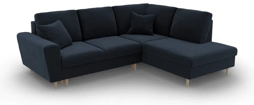 Divano angolare blu scuro allungabile e con contenitore (con penisola a destra/a L) con rivestimento in velluto Kyoto – Cosmopolitan Design