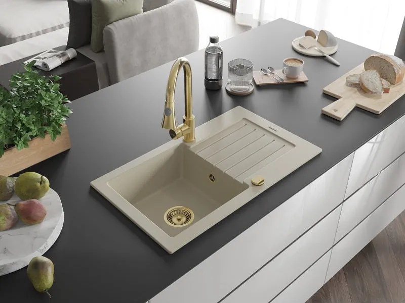 Mexen Pablo lavello in granito a 1 vasca con sgocciolatoio e rubinetto da cucina Elia, beige - 6510-69-670101-50