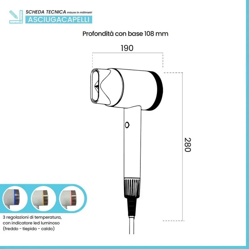 Asciugacapelli Nero con motore brushless con base murale e tasto a rilascio