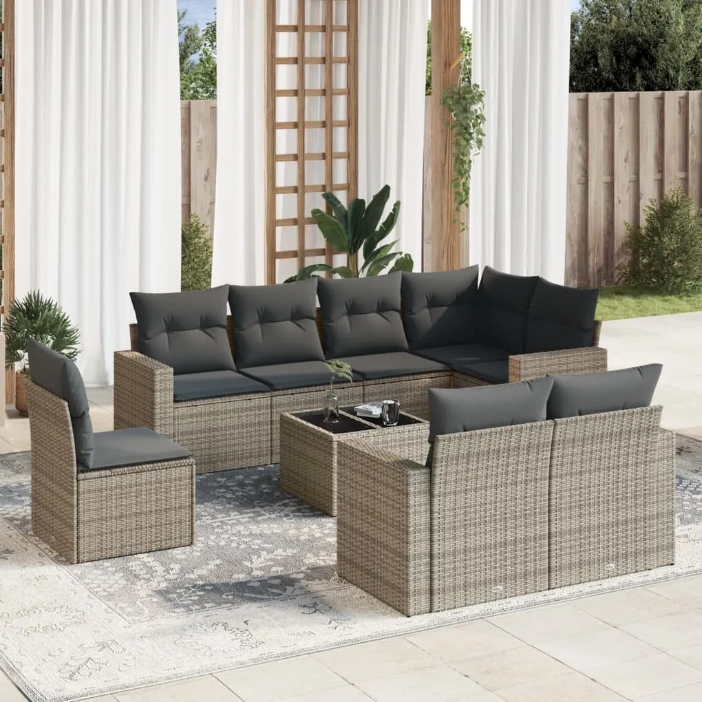 Set divano da giardino 9 pz con cuscini grigio in polyrattan