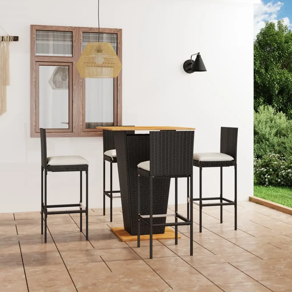 Set da bar da giardino 5 pz con cuscini in polyrattan nero