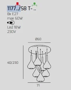 Sospensione ottone sat. 8 luci tonda vetri verde 1177os-s8 t-ve