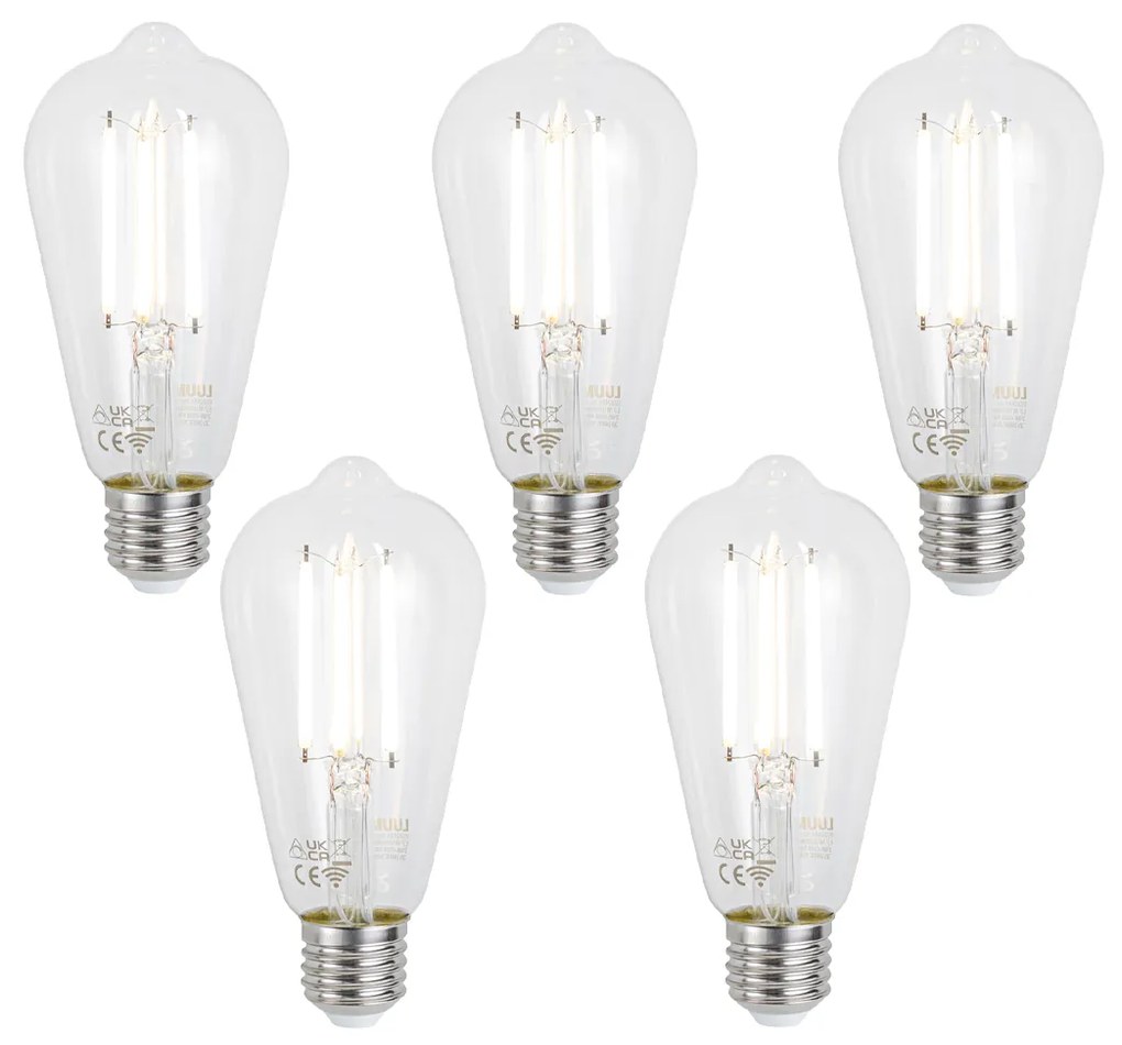 Set di 5 Lampadine LED Smart E27 dimmerabili ST64 Trasparenti 7W 806lm 2700-6500K