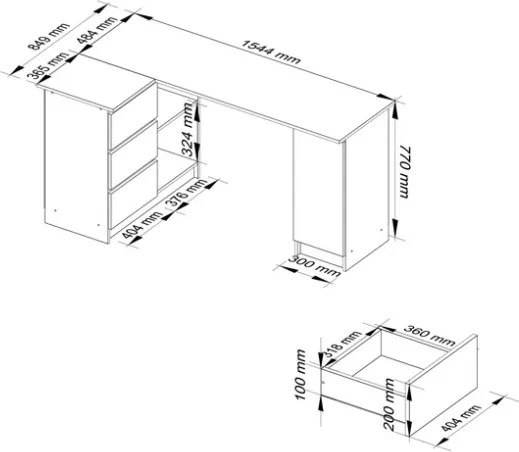 Scrivania Angolare 155 Cm 3 Cassetti Laterali A Sinistra Artika Bianca