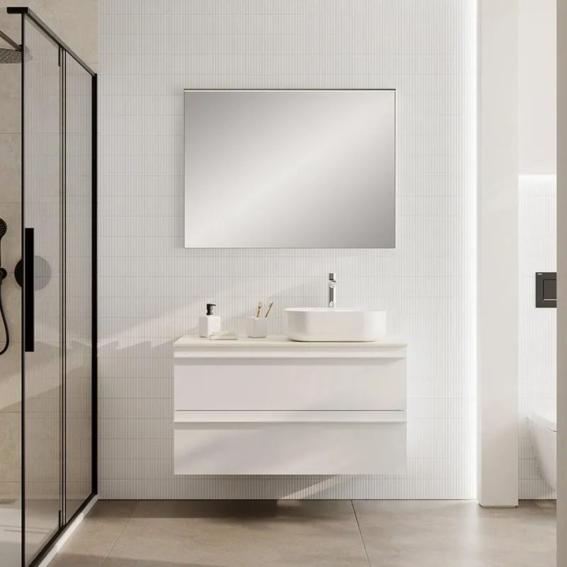 Mobile Linea L100 H55 P45 in laccato bianco opaco 2 cassetti a chiusura ammortizzata e top gres bianco creta per lavabo in appoggio