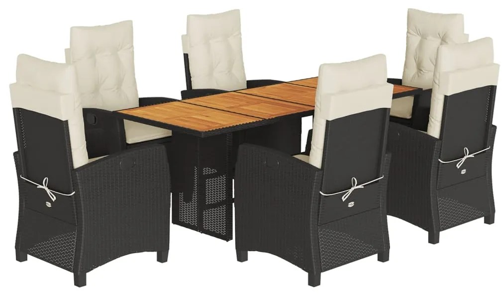 Set da pranzo da giardino 7 pz nero con cuscini in polyrattan