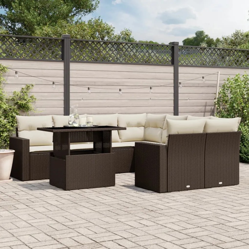 Set divani da giardino 9pz con cuscini marrone in polyrattan