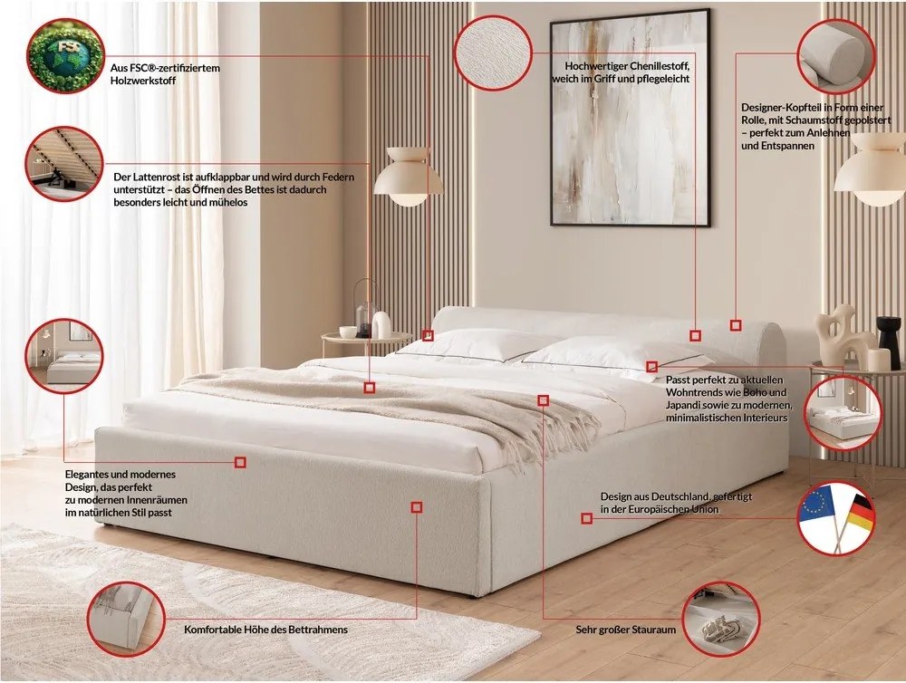 Letto matrimoniale imbottito beige con contenitore con rete inclusa 140x200 cm Cille – Ropez