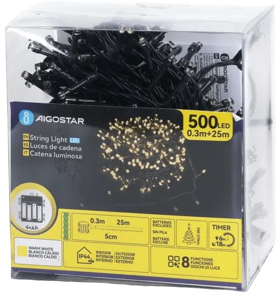 Aigostar - Catena luminosa natalizia LED da esterno, 500 LED, 8 funzioni, 4xAA, 25,3 m, bianco caldo