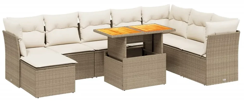 Set divano da giardino 9 pz con cuscini beige in polyrattan