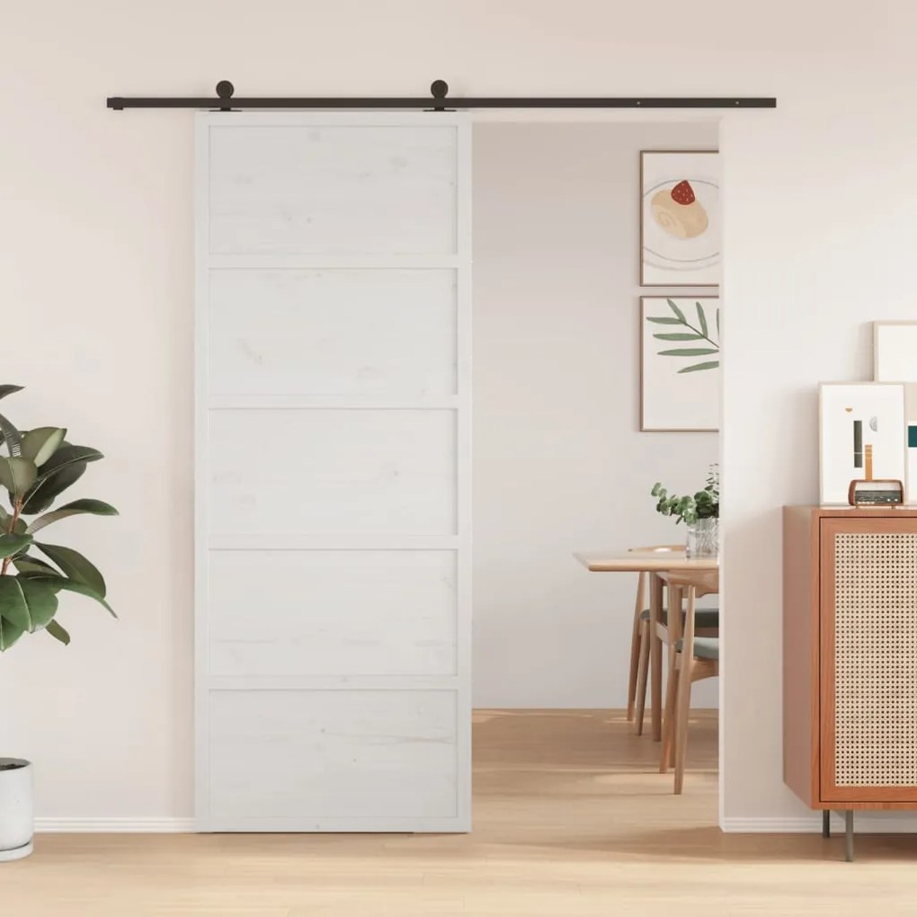 Porta Del Granaio Bianca 80x208 Cm İn Legno Massello Di Pino /