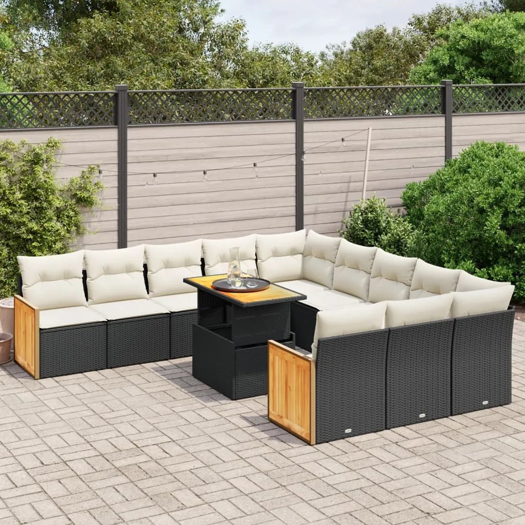 Set divani da giardino 11 pz con cuscini in polyrattan nero