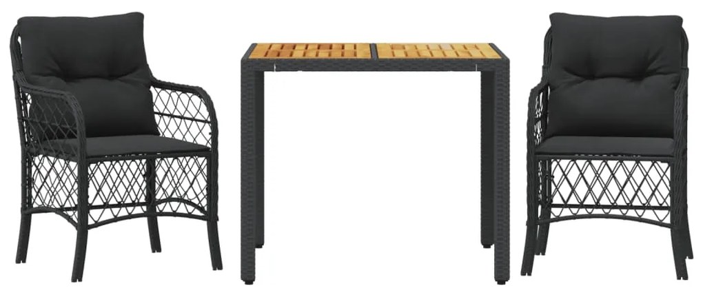 Set da bistrò 3 pz con cuscini nero in polyrattan