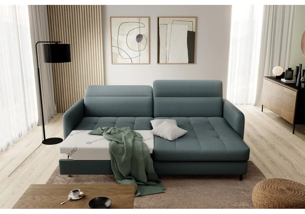 Divano angolare verde polveroso allungabile/con contenitore (con penisola a destra/con chaise lounge) e rivestimento in velluto Gomsi – ELTAP