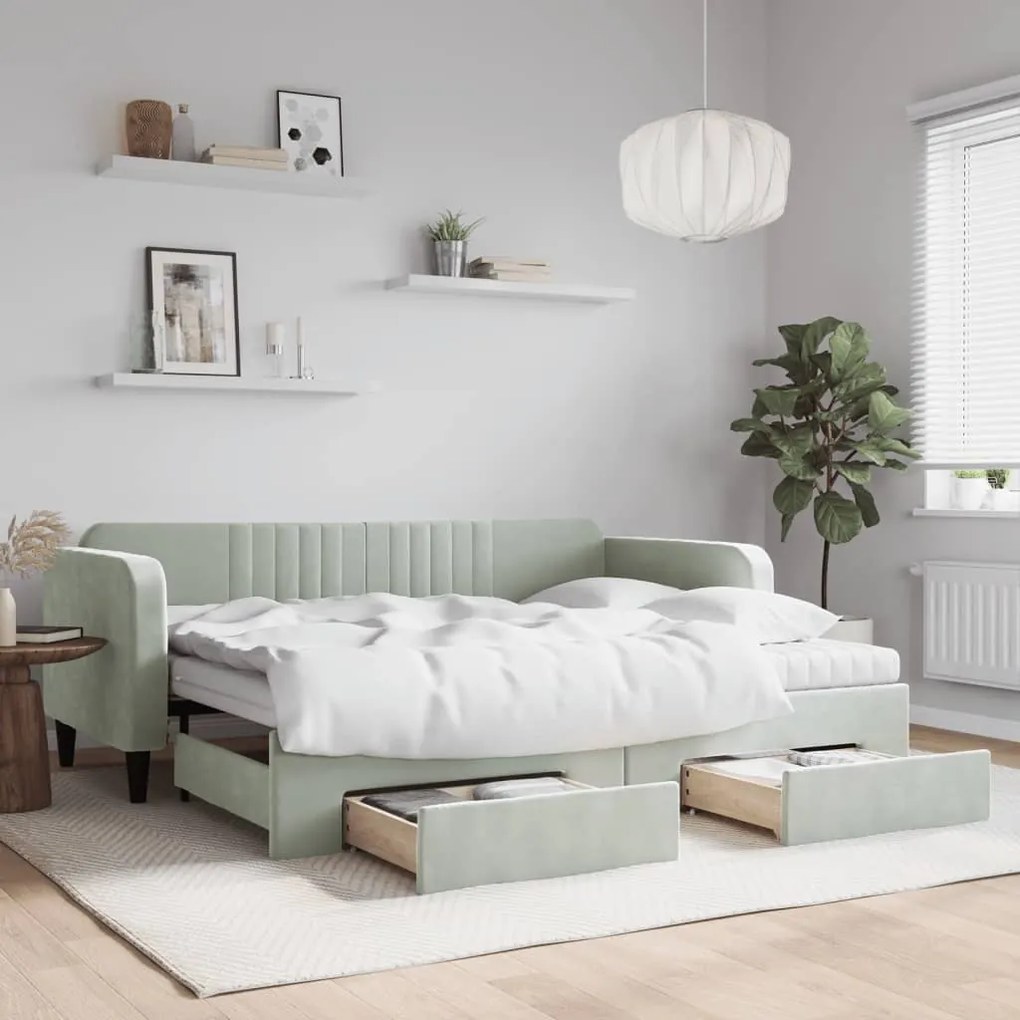 Divano letto estraibile cassetti grigio chiaro 90x200cm velluto