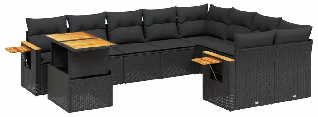 Set divani da giardino 10pz con cuscini in polyrattan nero