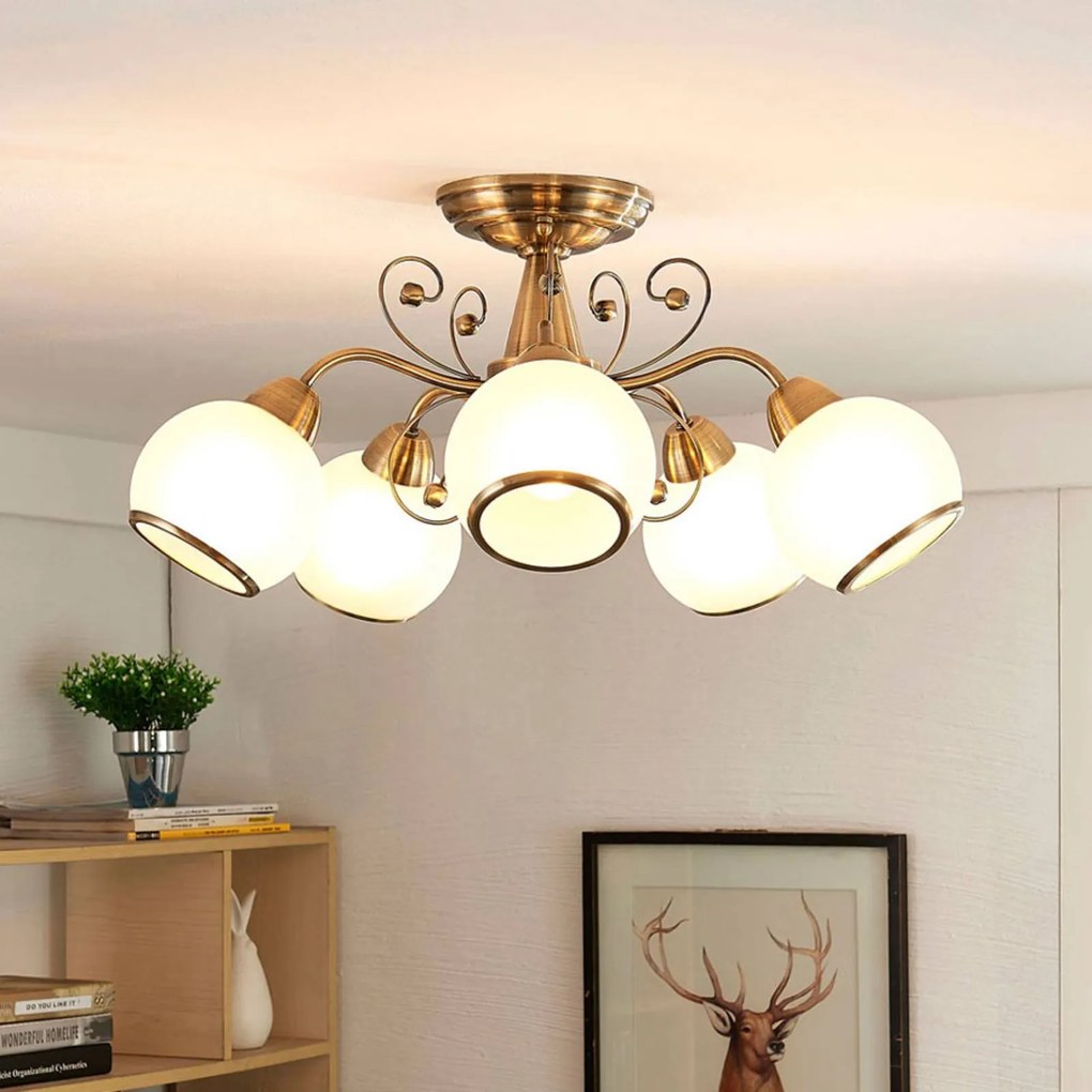 Plafoniera soffitto Corentin Lindby, dimmerabile, Bronzo / Ottone antico, Soggiorno / Sala da pranzo, Vetro, Antico, Plafoniera
