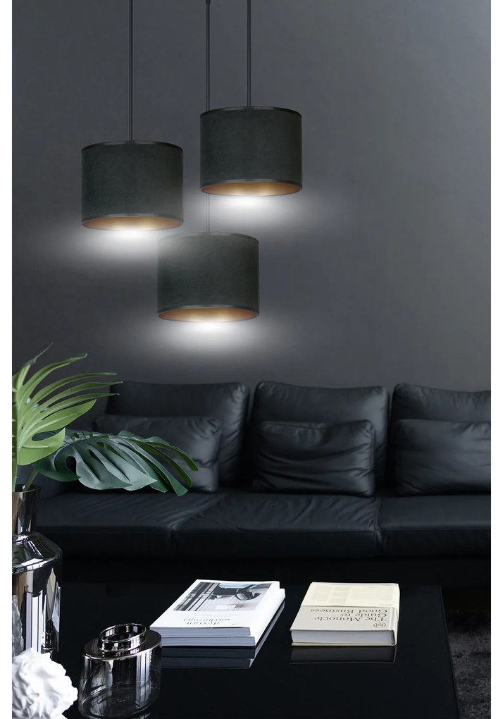 Lampadario Tondo 3 Luci Ganesha In Acciaio Nero E Paralumi In Tessuto Nero