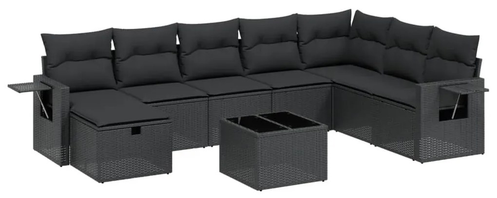 Set divani da giardino 9 pz con cuscini nero in polyrattan