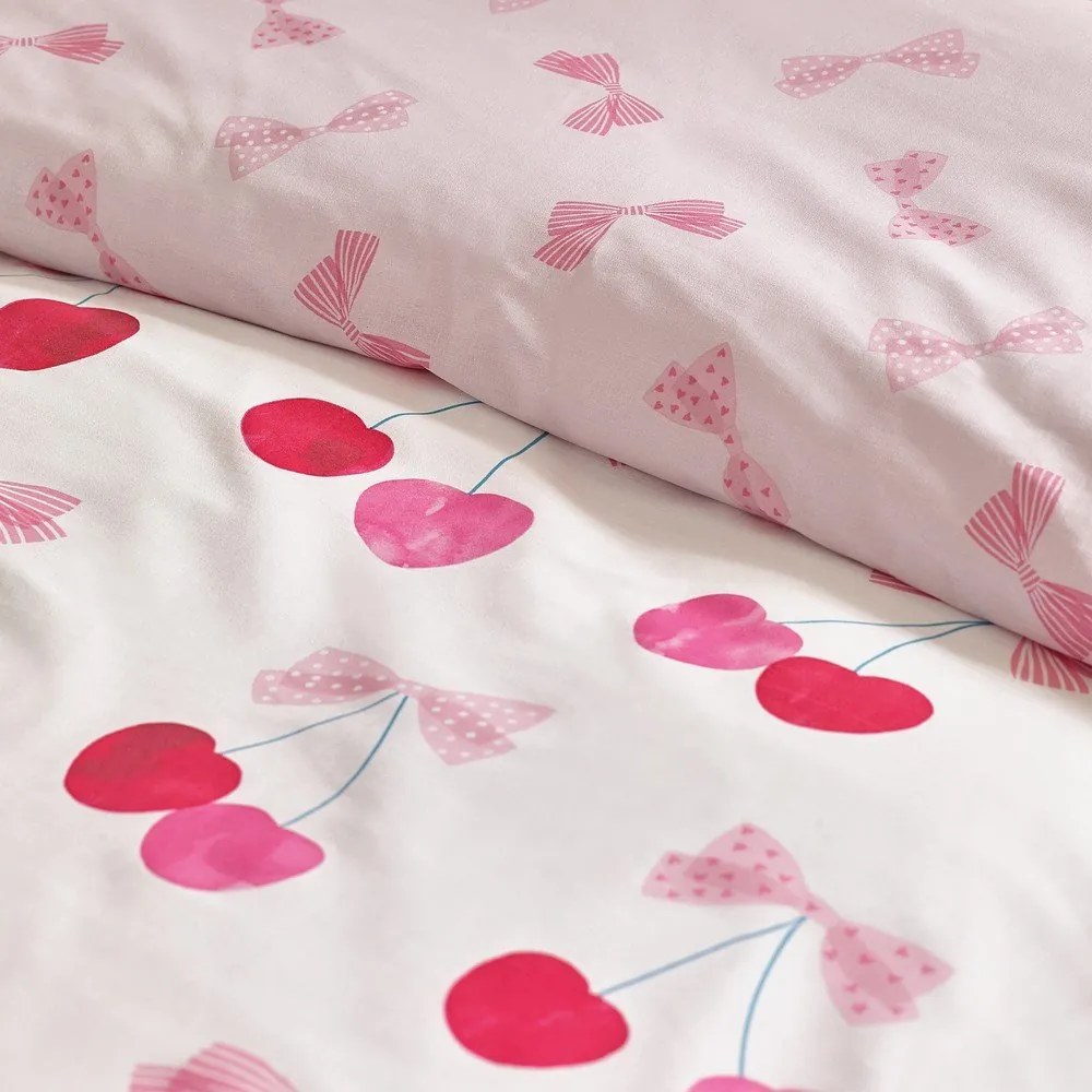 Set copripiumino e federa bianco e rosa per letto matrimoniale 200x200 cm Cherries and Bows – Catherine Lansfield