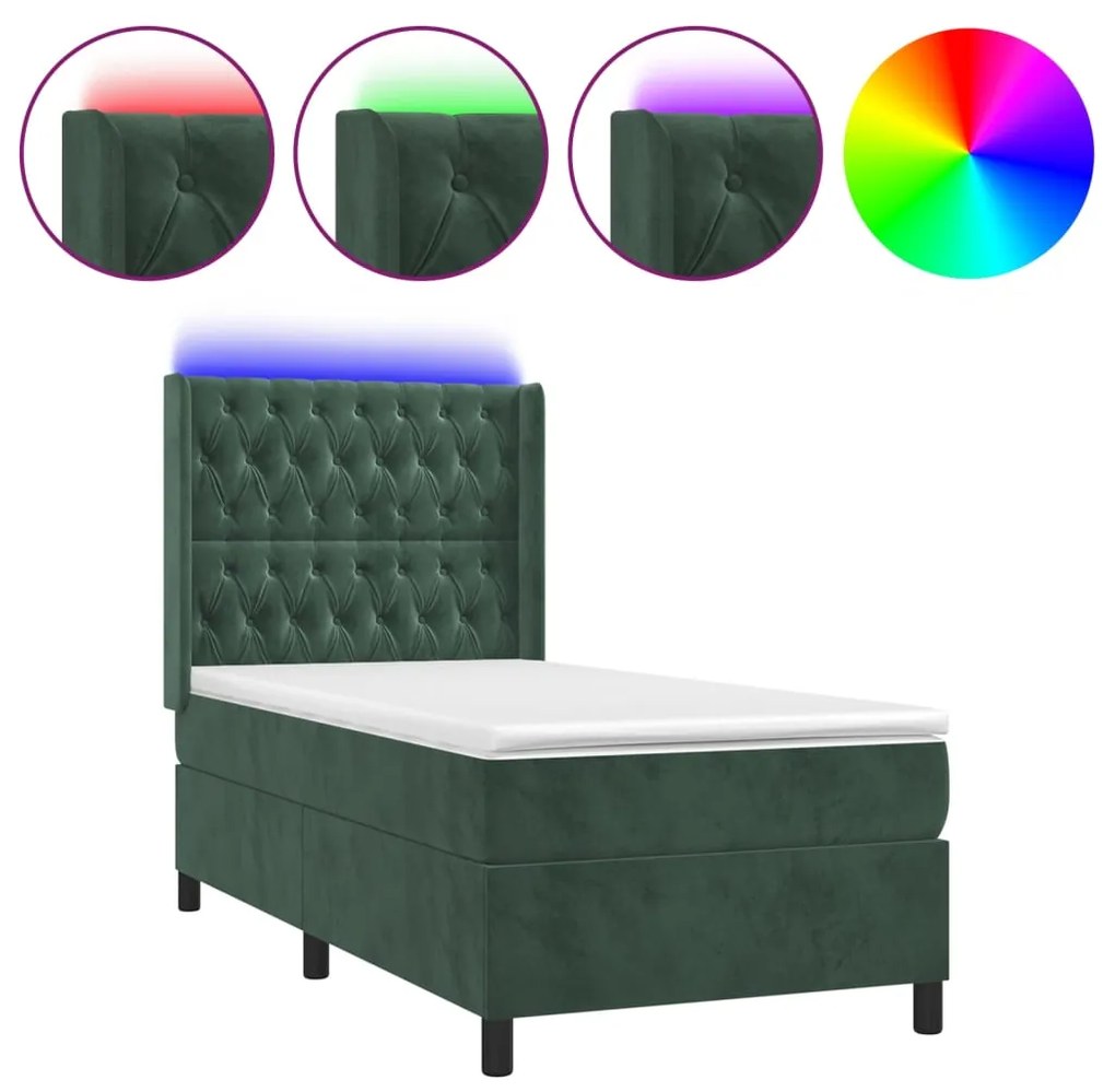 Letto a molle con materasso e led verde scuro 80x200cm velluto