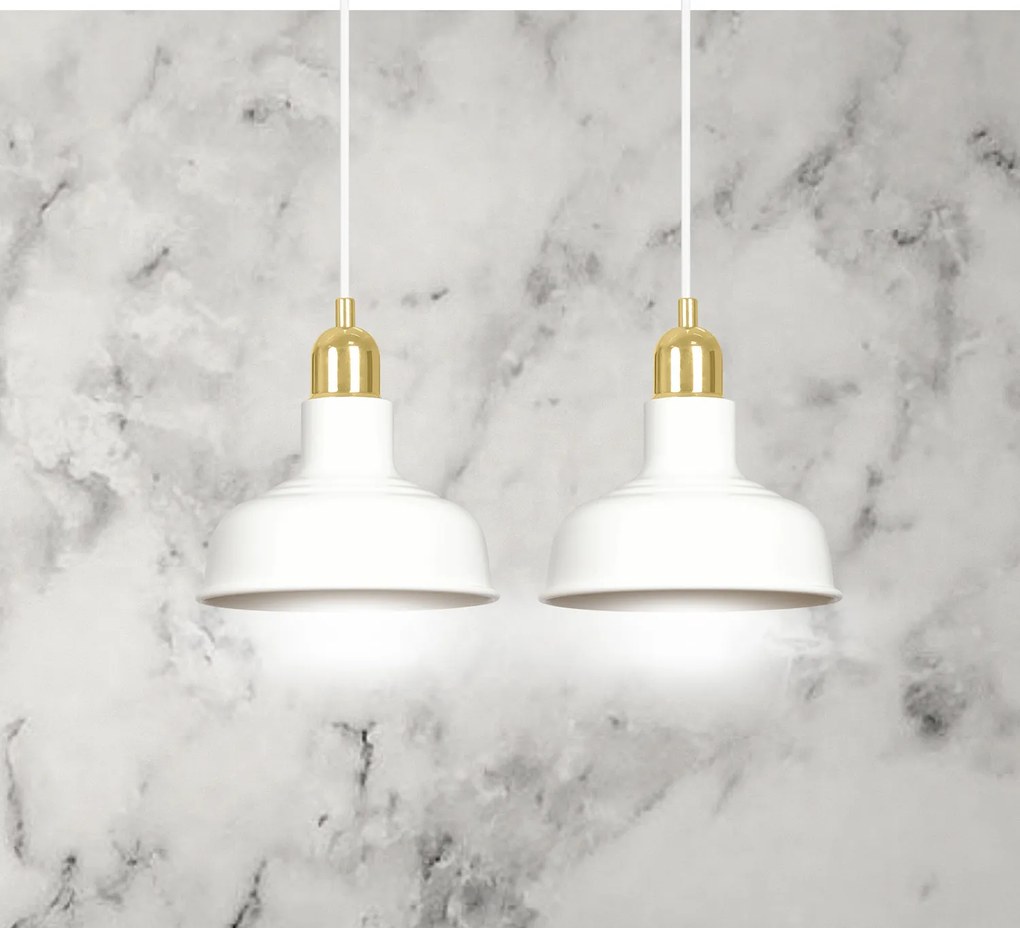 Lampadario Industrial 2 Luci Kubera In Acciaio Bianco Con Elementi In Oro