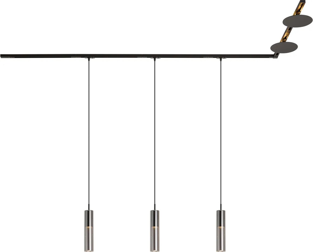 Sistema di illuminazione a binario moderno nero con 3 luci a sospensione e 2 plafoniere monofase - Iconic Lloyd Pulley