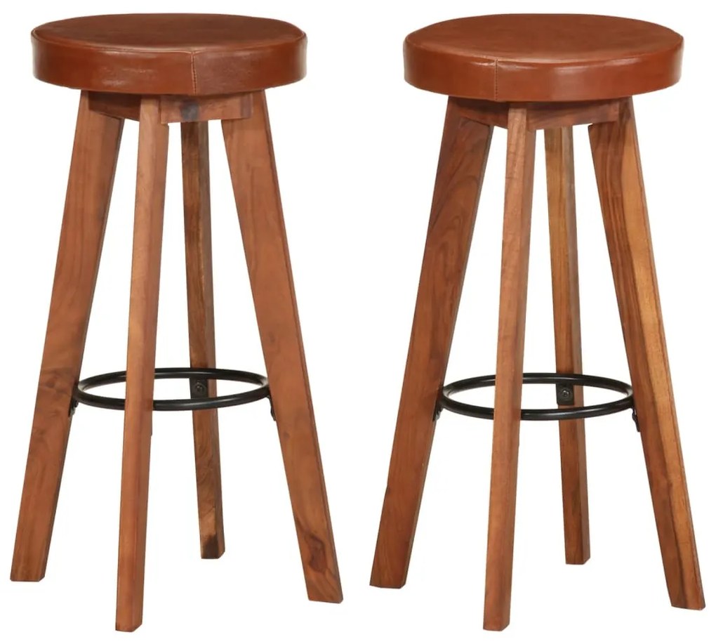 Sgabelli Da Bar 2 Pz İn Vera Pelle E Legno Massello Di Acacia /