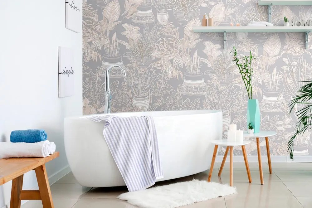 Carta da parati autoadesiva – Motivo botanico in tonalità grigio-beige