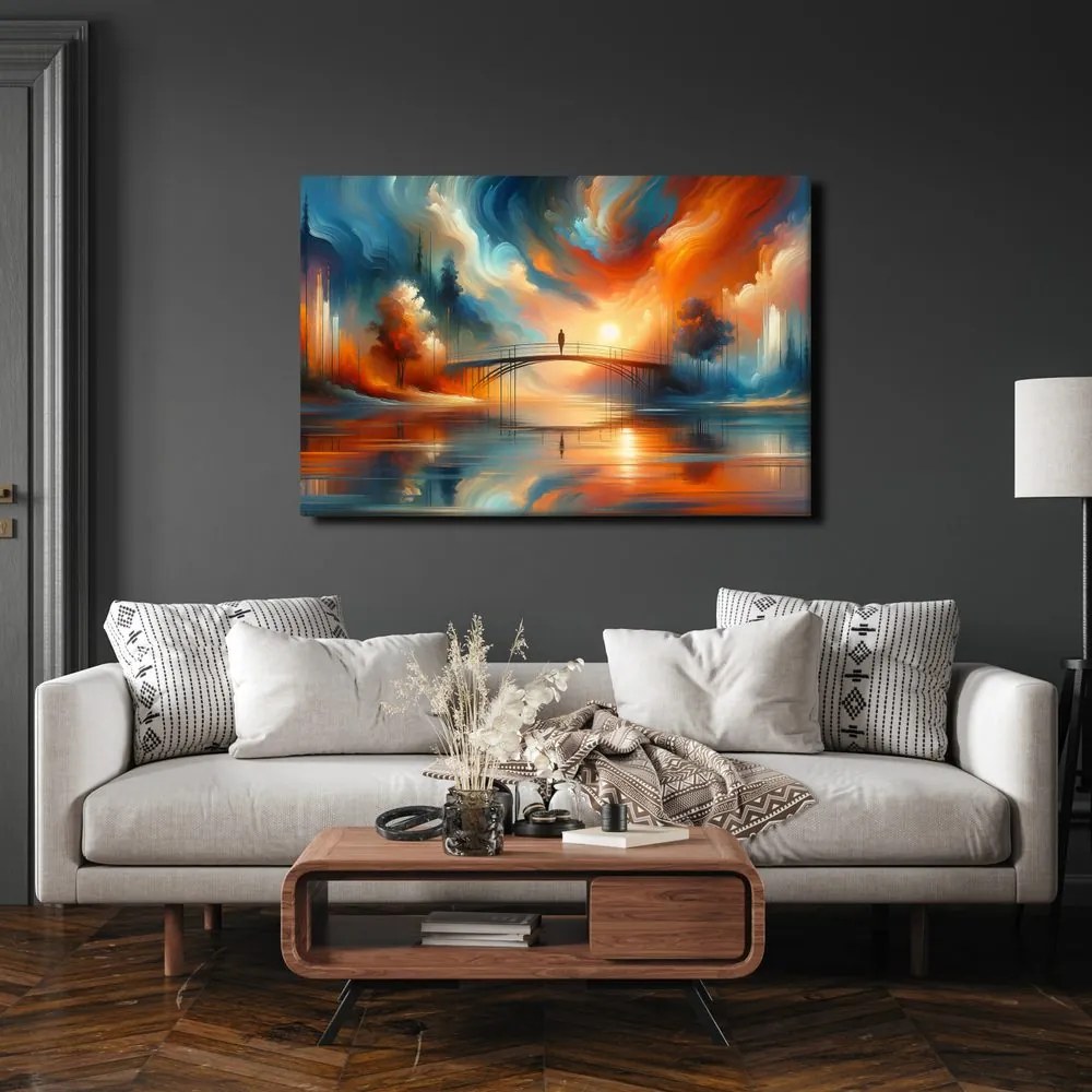 Quadro su tela – Silhouette sul ponte al tramonto