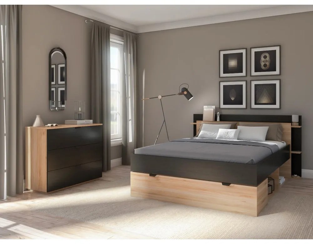 Letto matrimoniale effetto rovere con contenitore senza griglia in colore nero-naturale 160x200 cm Albo - Marckeric