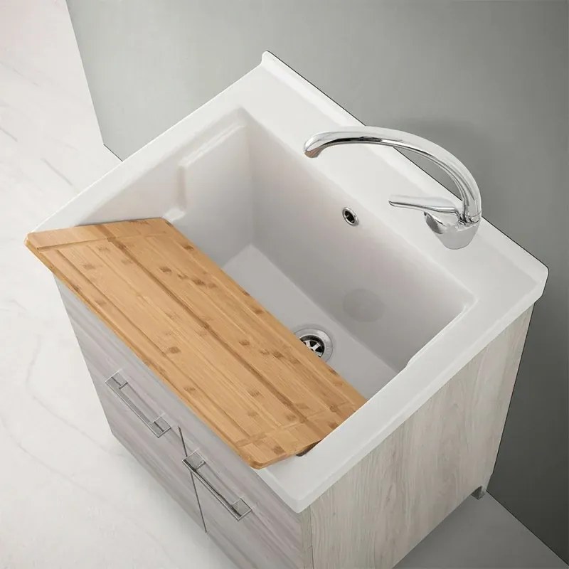 Mobile lavatoio 60x50 cm rovere grigio con vasca lavapanni in ceramica