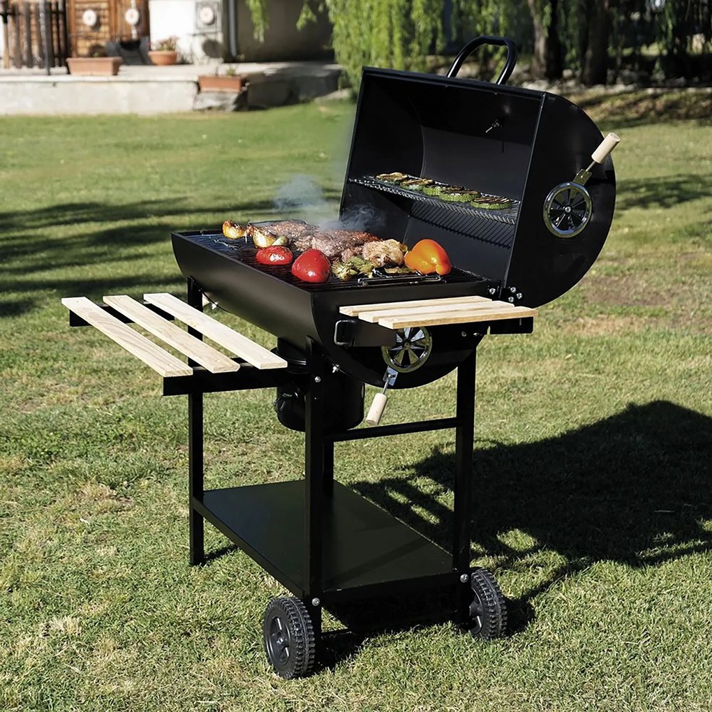 Barbecue a Carbone Carbonella 108x70x100 cm con Coperchio Ruote e Ripiani in Legno Nero...